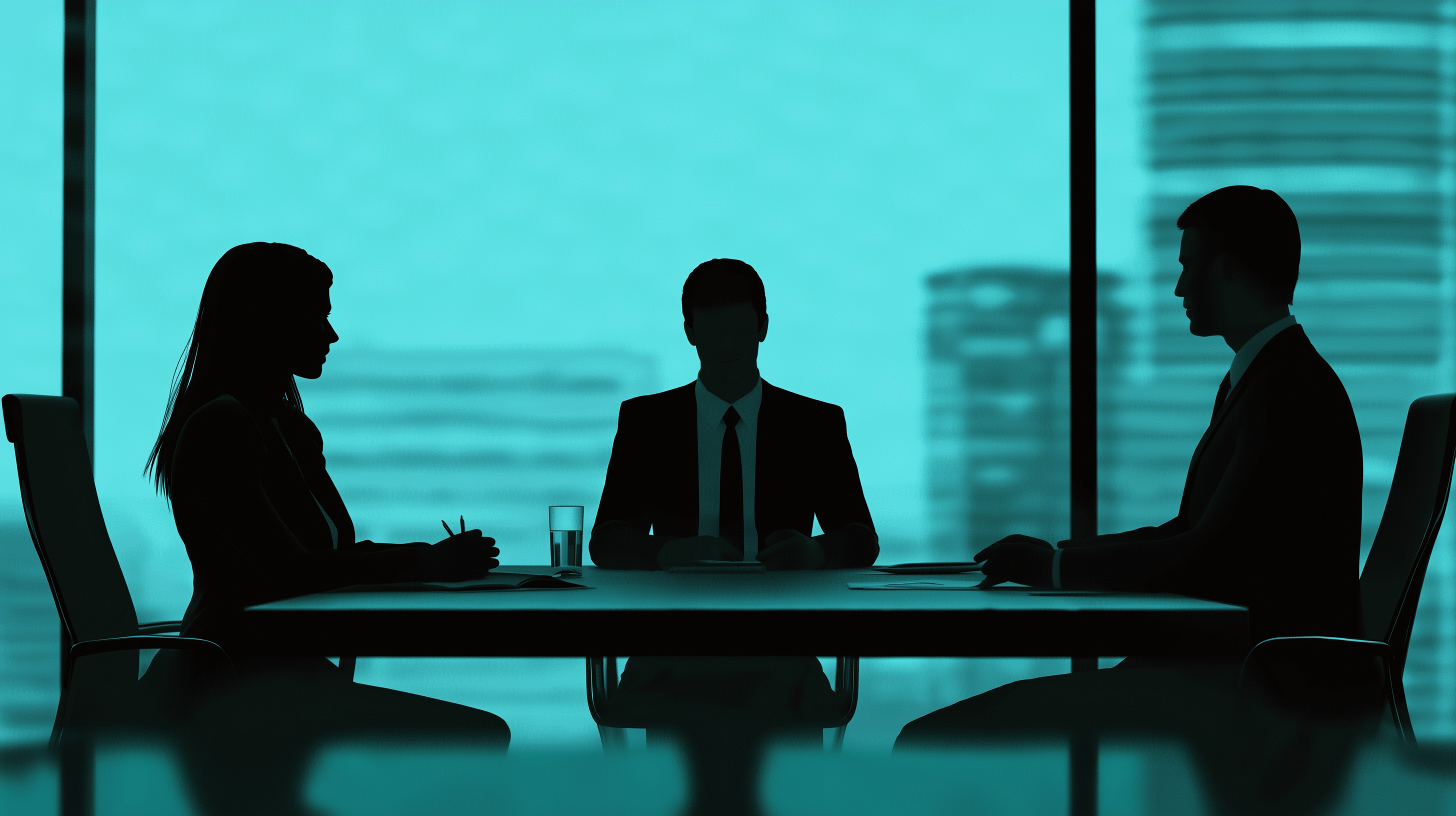 Three people are sitting around a table in a conference room. They are dressed in business attire, with one person wearing a tie. The table is set with a wine glass, a cup, and a book. The scene appears to be a professional meeting or discussion.