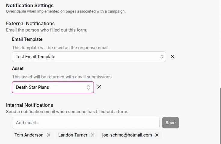 The Notification Settings block, showing the campaign-override subtitle, a selected Email Template, a selected Asset and two internal notification email chips