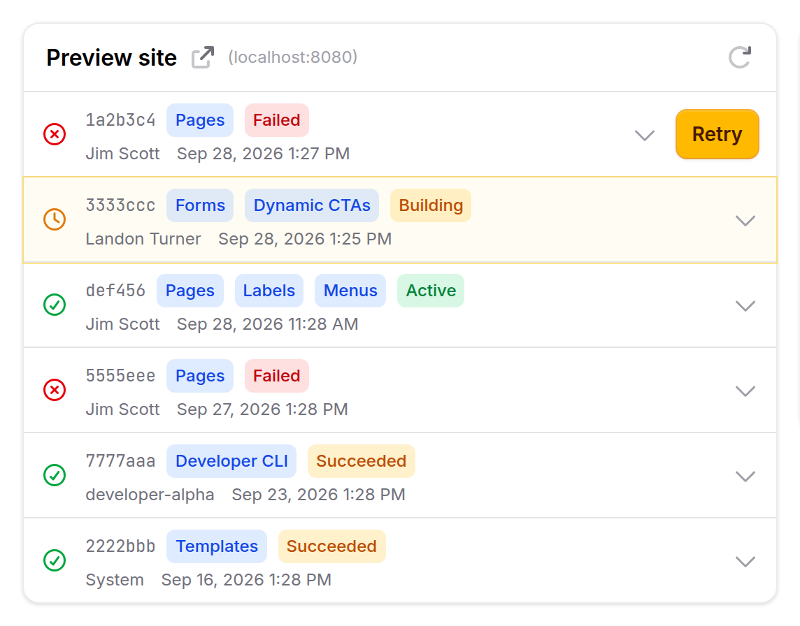 A Developer CLI deployment row on the staging branch, expanded to show the commit hash and the attributed author