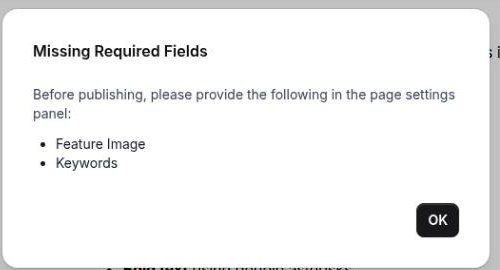 The Missing Required Fields dialog listing Summary and Keywords