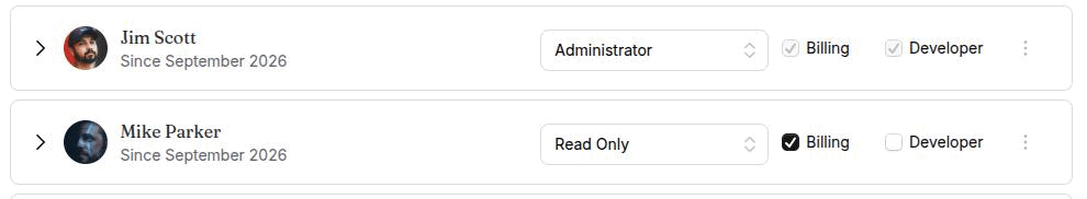 Two adjacent member rows on Settings → Team Members: an Administrator row with Billing and Developer both ticked and grayed out, and a Read Only row with Billing ticked and Developer clear