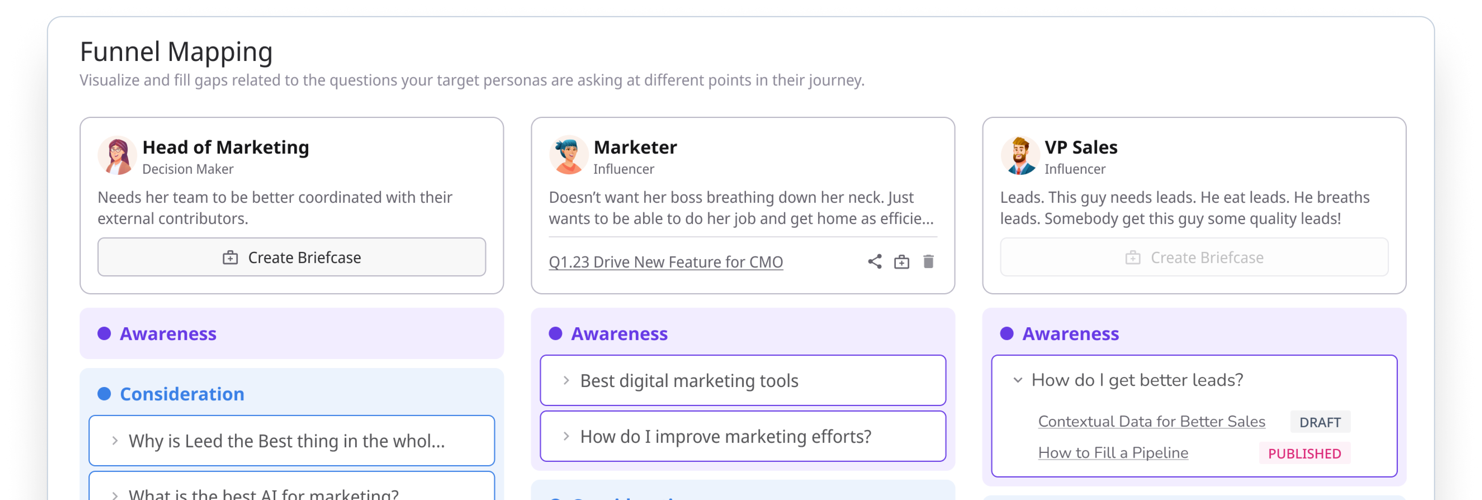 A screenshot of a digital marketing tool, displaying various options and information related to marketing strategies.