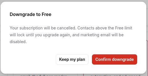 The Downgrade to Free confirmation dialog, with the Keep my plan and Confirm downgrade buttons