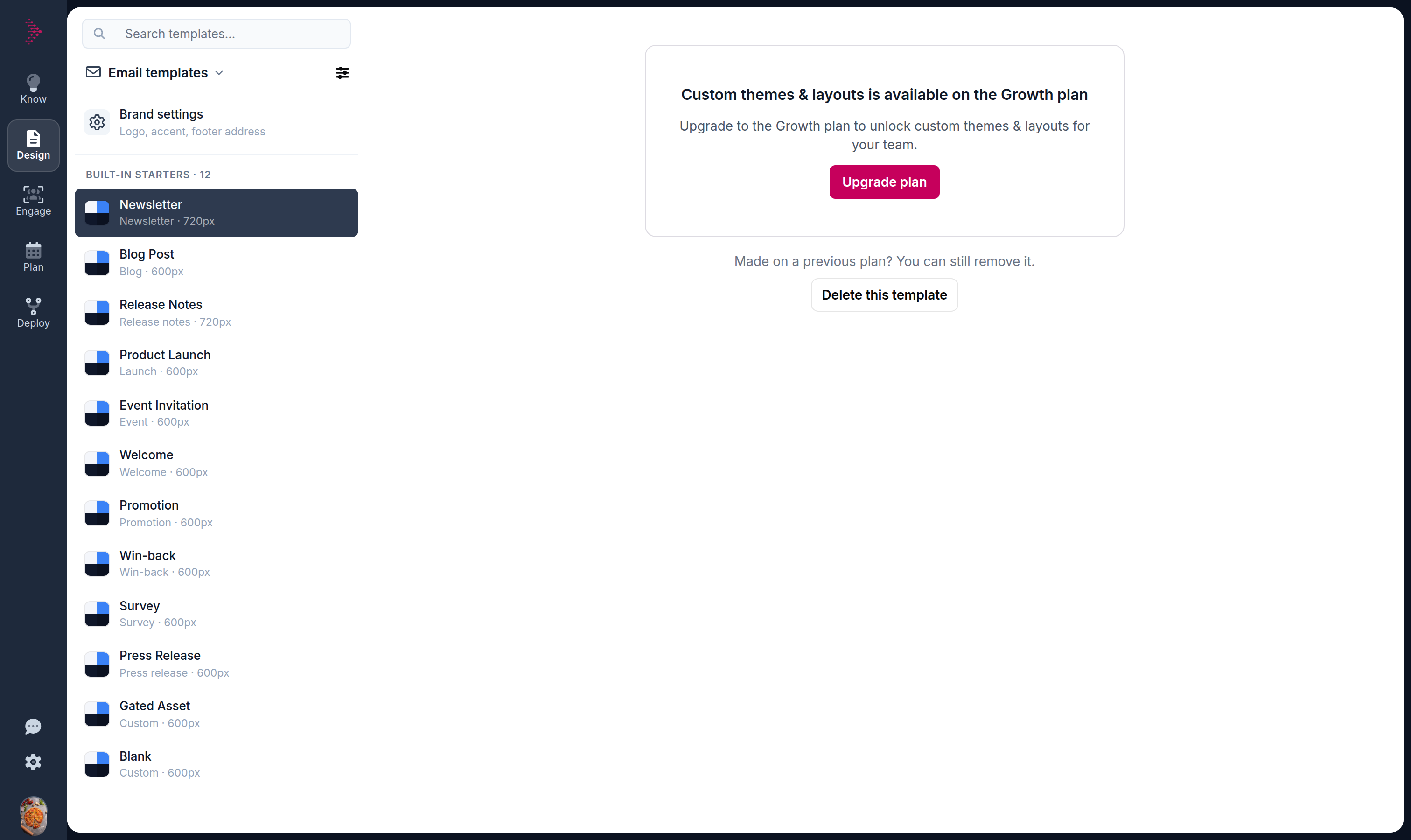 The layout canvas on a below-Growth workspace, with the upgrade prompt filling the editor area