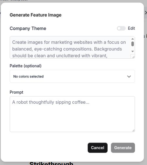 The Generate Feature Image dialog, prompt field empty, with the company theme pre-seeded and read-only
