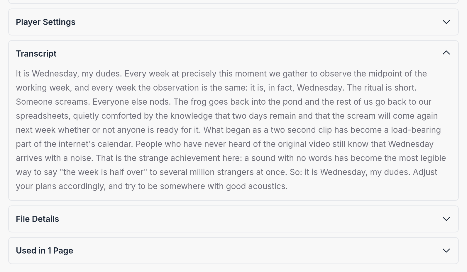 A video asset in the CMS with its Transcript section expanded, showing the transcribed text