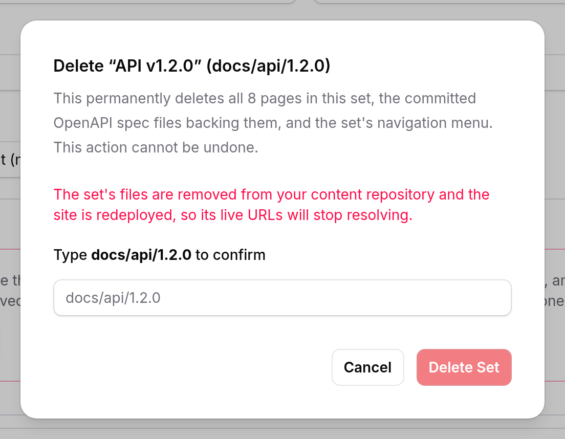 The delete-API-set confirmation dialog with the typed-confirmation field