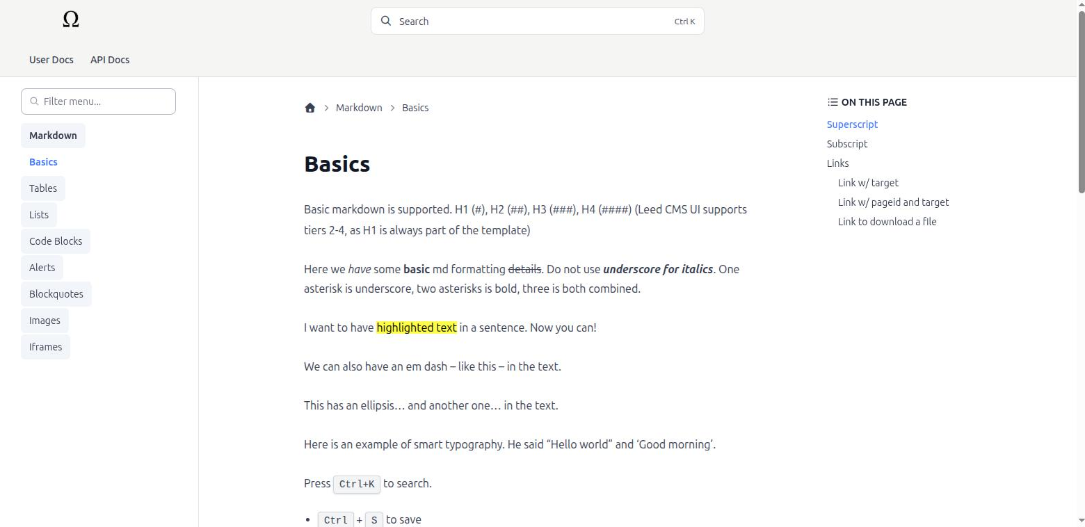 The published documentation set: populated sidebar, breadcrumbs and article