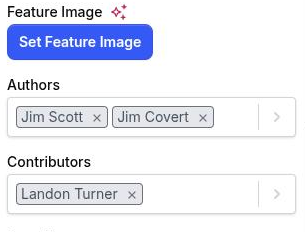 The page editor's right rail on the Page settings tab, with Page Details expanded showing the Authors multi-select holding two members and the Contributors multi-select holding a third