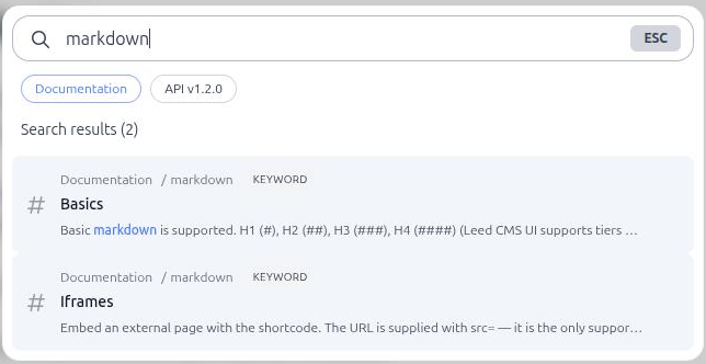 The live search modal with a filter chip active and ranked results