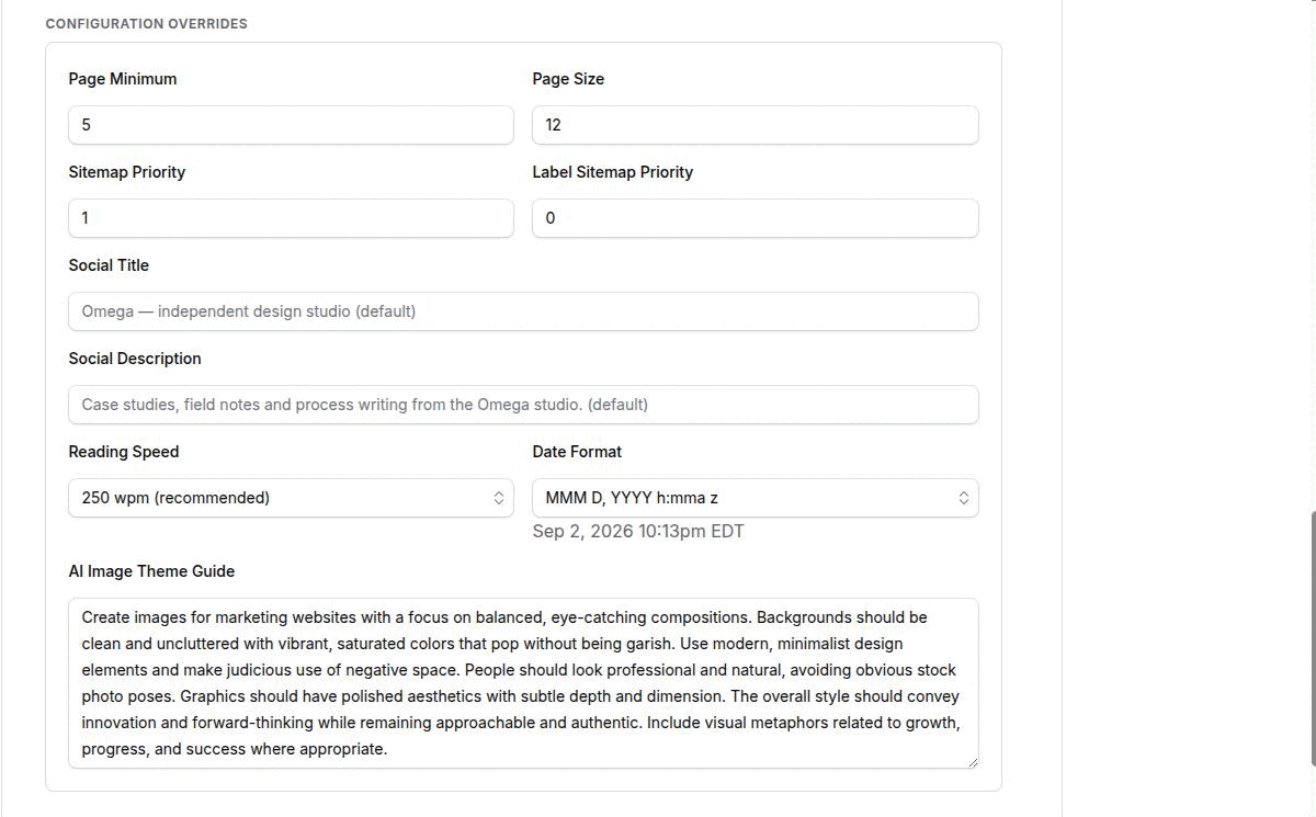 The Configuration Overrides block inside an expanded page type, with some fields empty showing grayed company defaults and one carrying an explicit value
