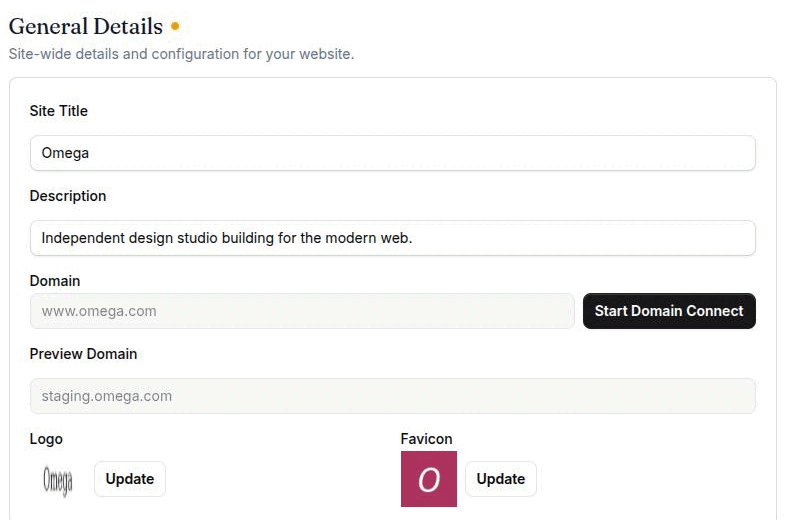 Settings → General, showing the General Details card with Site Title, Description, Domain, Preview Domain, Logo and Favicon, and an amber must-publish indicator on the section heading
