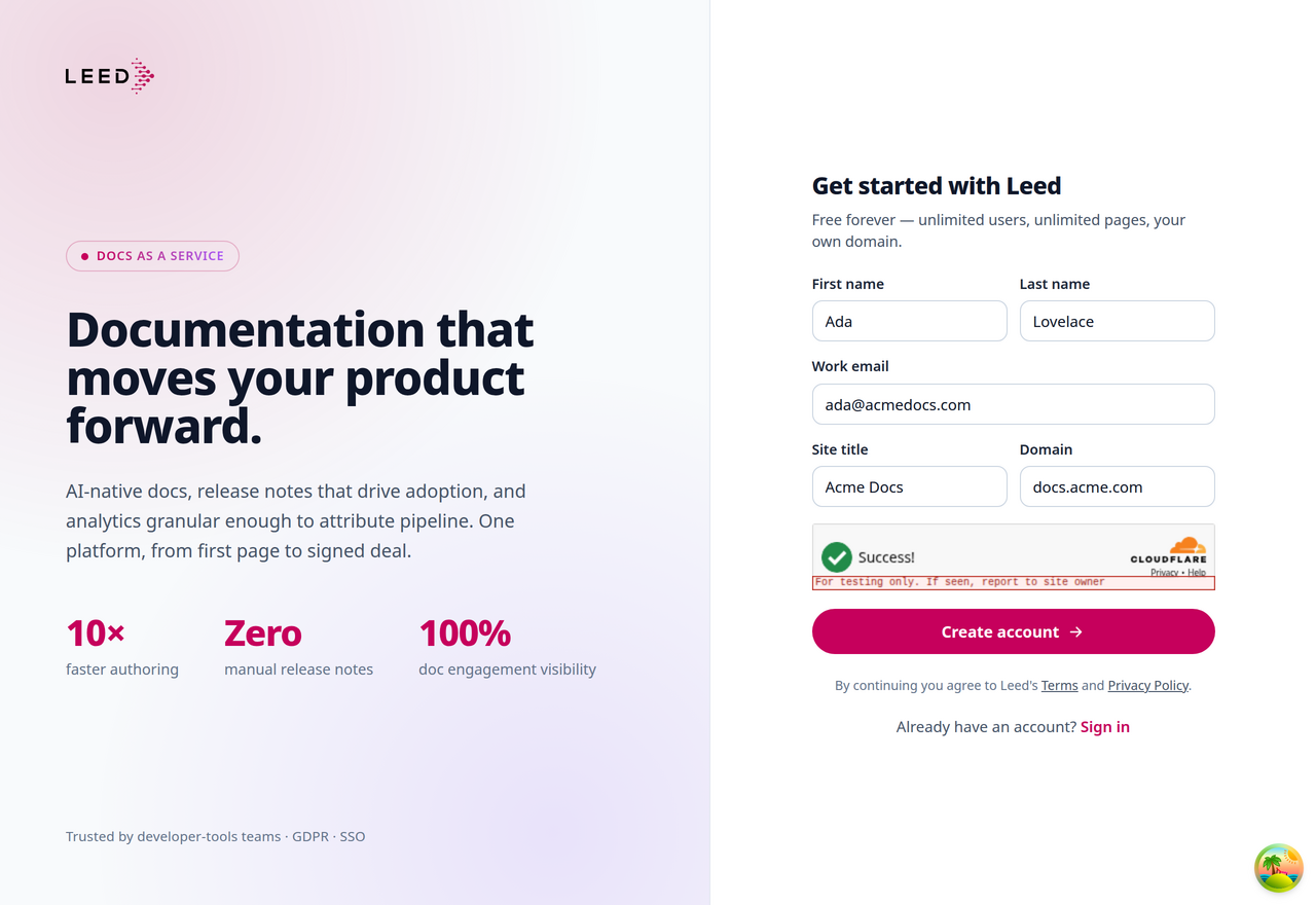 The Leed sign-up form with all five fields filled in and the challenge resolved