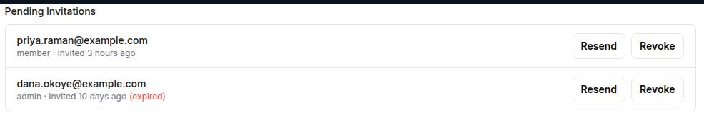 The Pending Invitations block with a recent and an expired invitation
