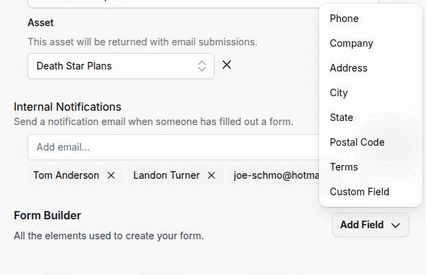 The Form Builder block with the Add Field dropdown open, showing the standard field names still available and the Custom Field entry at the bottom