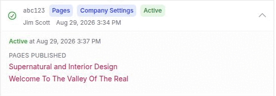 An expanded deployment row on the Live site column showing its reason badges, the Active badge and the list of pages published