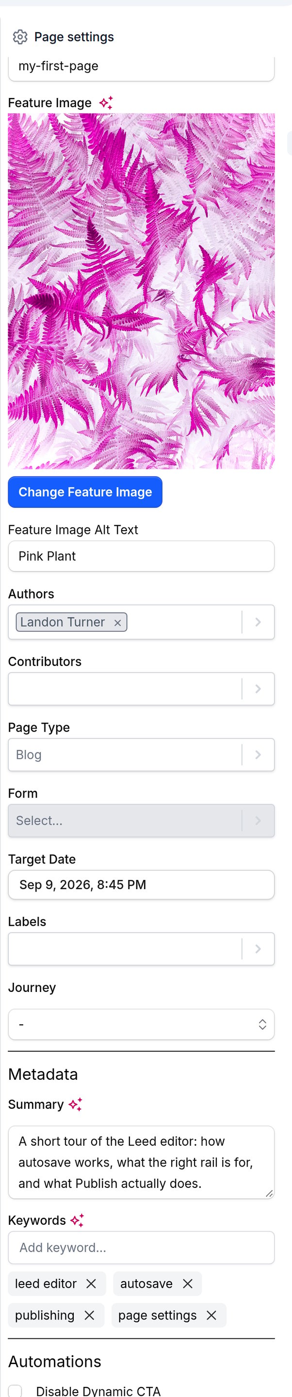 The page editor's Page Settings panel with Summary filled in, several keyword chips and a feature image thumbnail set