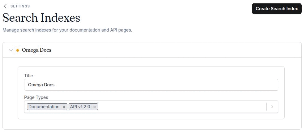 Settings → Search & Autolinks with the Search Indexes panel open