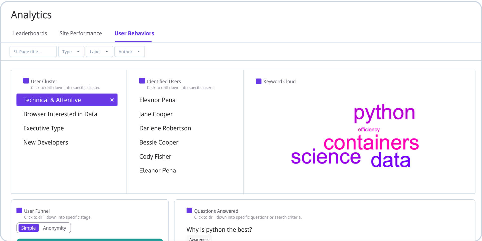 A screenshot of a computer screen displaying a list of people, including a man named Brian, and a list of topics such as Python, Containers, and Science Data. The image is displayed in a purple and green color scheme.