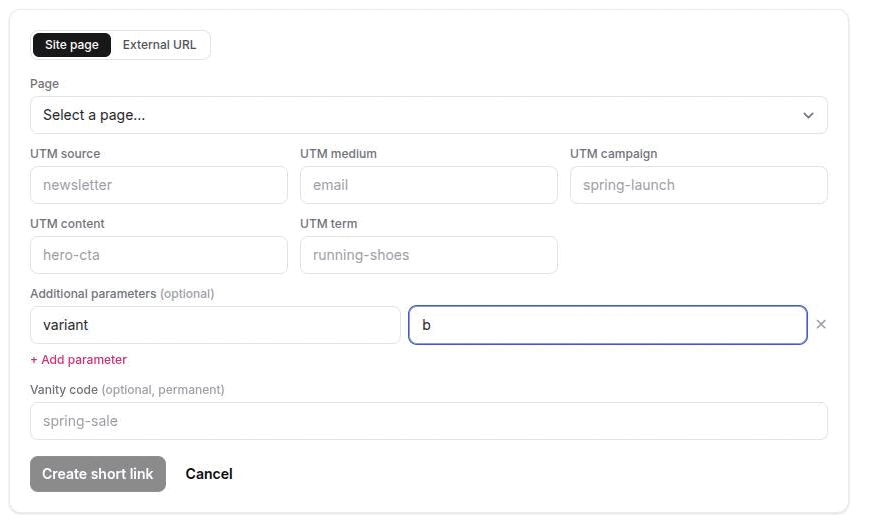 The new-shortcode form with the Site page / External URL toggle, the five UTM inputs, the extra-parameters editor and the vanity field