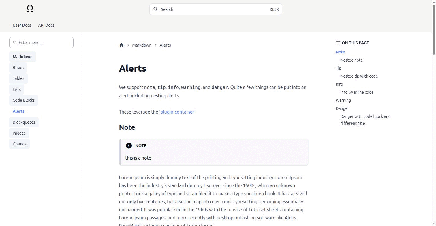 A built documentation page with three regions annotated: the breadcrumb trail above the title, produced by breadcrumbsNav; the right-hand On this page list, produced by the toc filter; and the previous and next pair below the article, produced by previousPageNav and nextPageNav