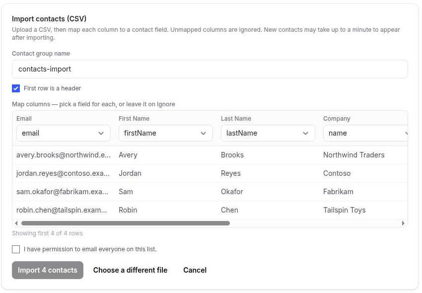 The mapping step with a file loaded, an auto-mapped Email column, an unmapped column, and the disabled import button