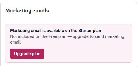 The Marketing emails card on a Free workspace, showing no bar and a banner reading "Marketing email is available on the Starter plan"