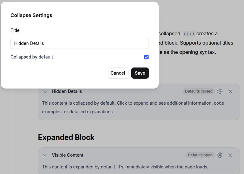 The Collapse Settings dialog open over the page editor, showing the Title field filled in and the Collapsed by default checkbox, with the collapsible block visible behind it