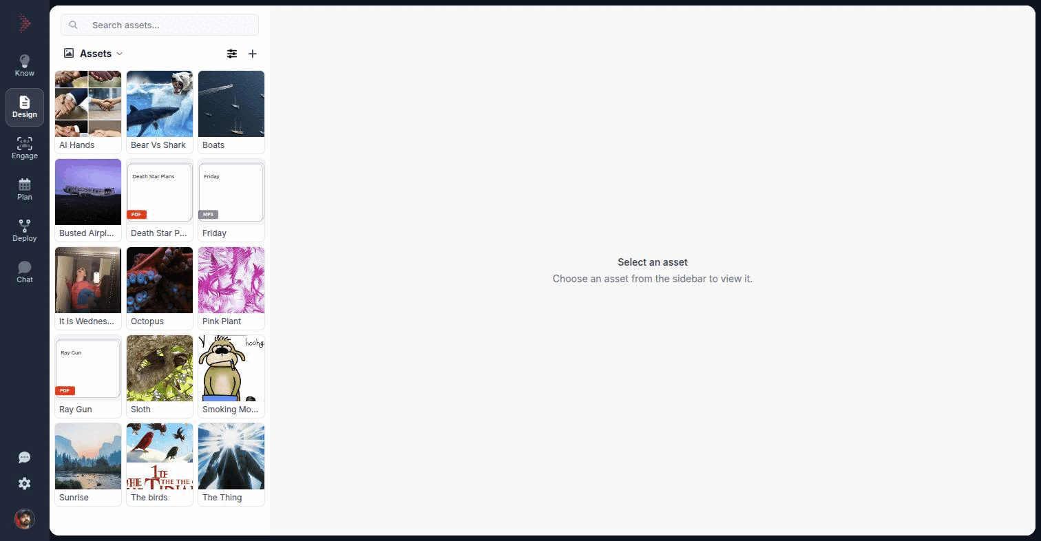 The Design workspace with the left panel on the Assets section, showing a thumbnail grid of images, a video, an audio file and two documents
