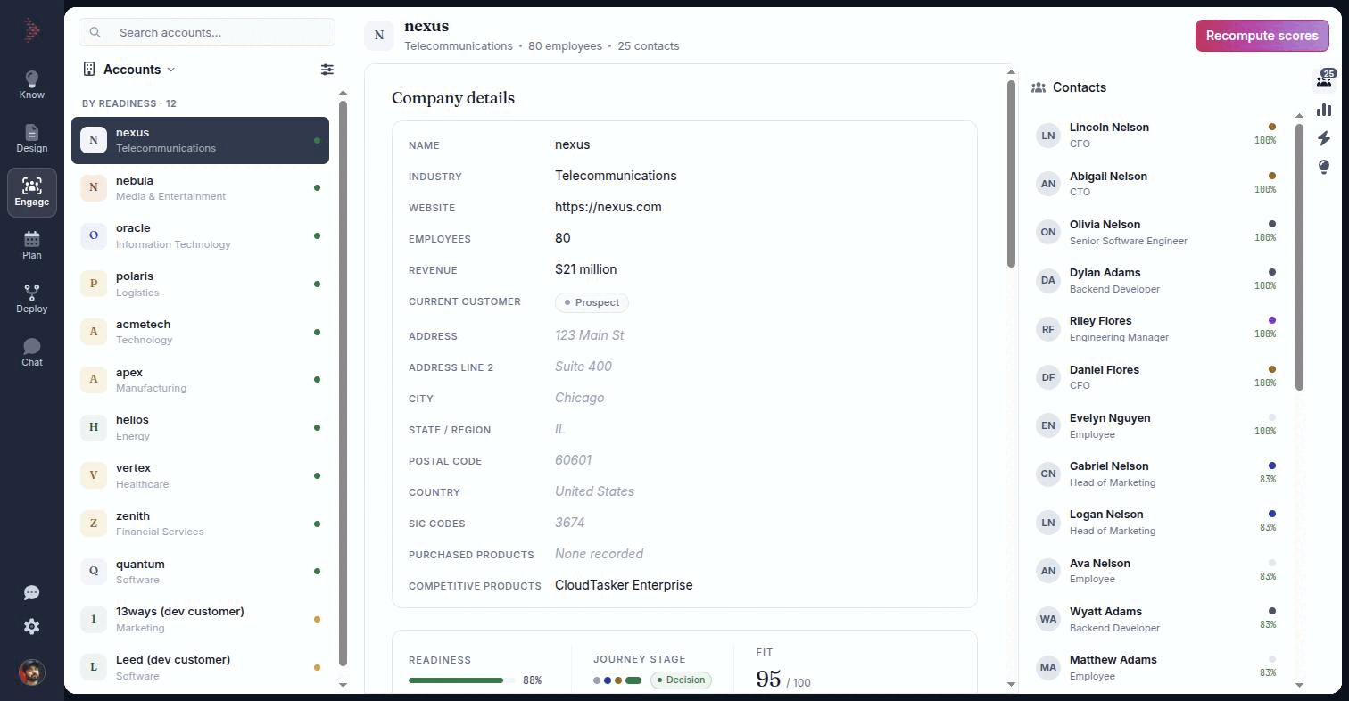 The Engage workspace with an account selected, showing the left list, the center card and the right facet rail