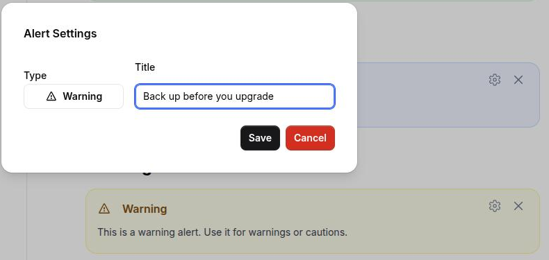 The alert block's settings dialog open over the page editor, with the type selector set to Warning and a custom title typed into the title field, the styled callout visible behind it