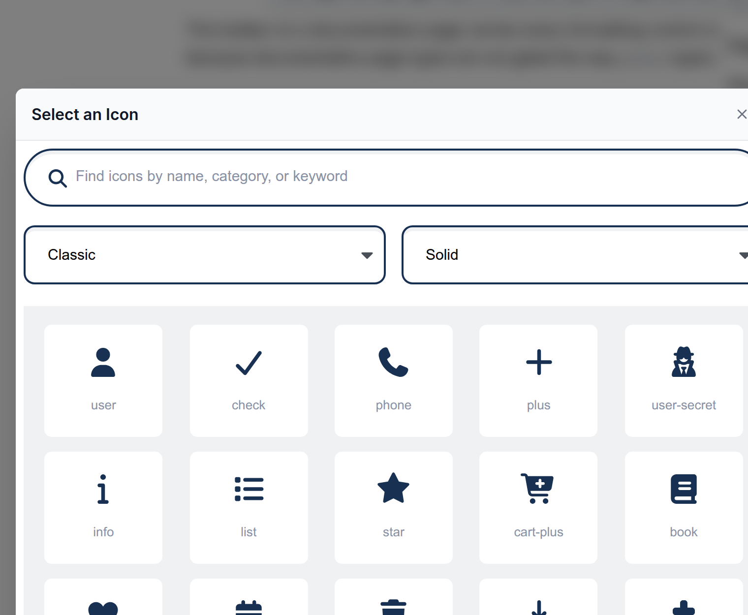 The icon picker with search results, a selected icon, and the size and color controls