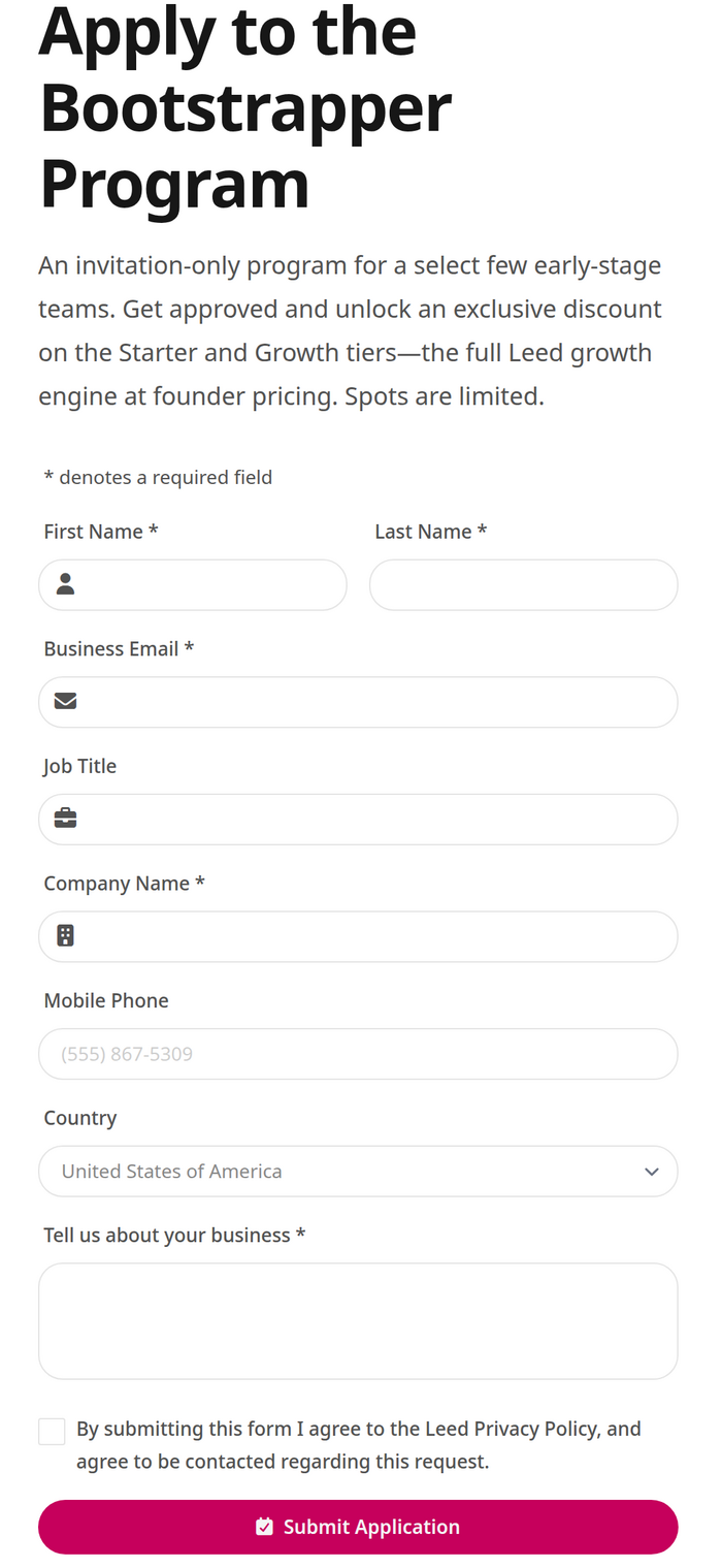 A lead-capture form rendered on a published Leed site, showing its heading, four fields including Email, and a submit button