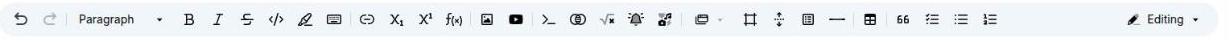 The Leed page editor toolbar at full width, showing the block-type selector and the complete strip of formatting controls