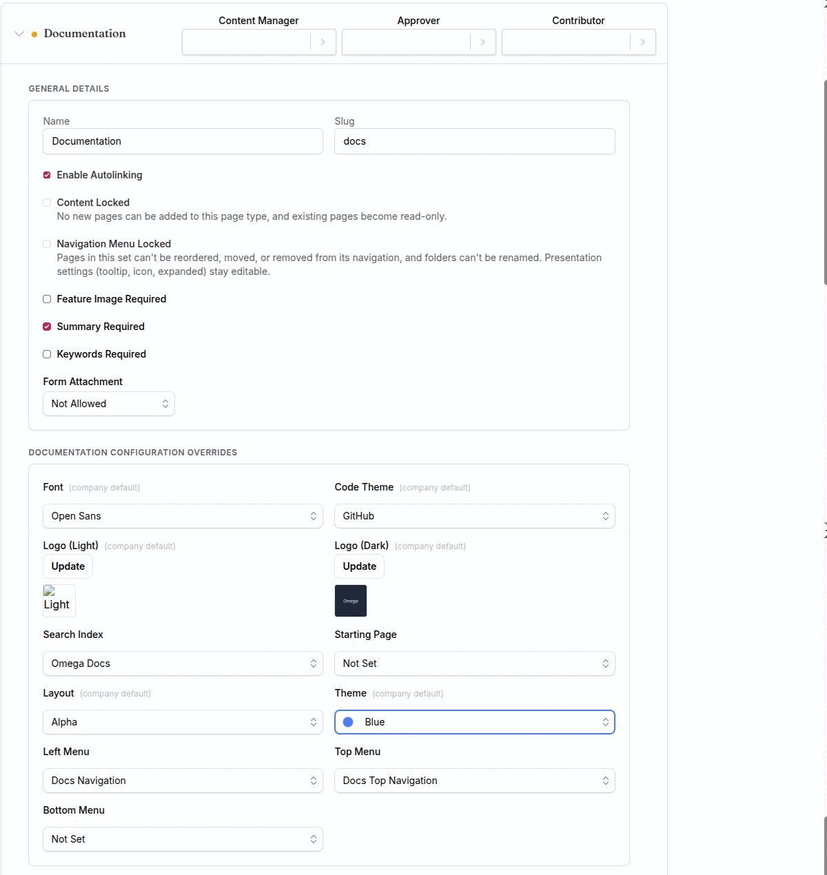 An expanded documentation page type panel beside its Documentation Configuration Overrides block
