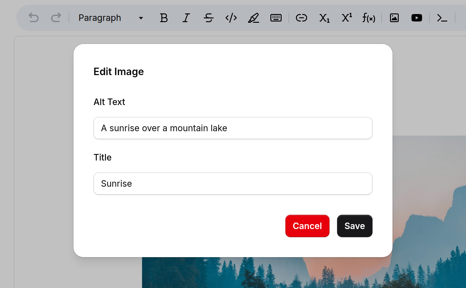 The Image Settings dialog with alt text pre-filled and a title typed in, over the image widget