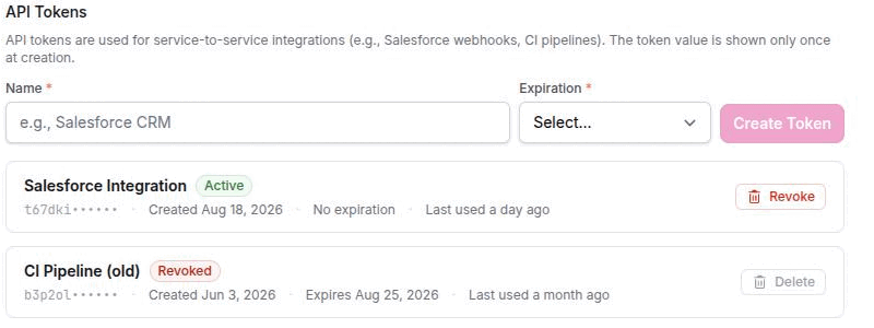 The API Tokens panel on the account security screen, with the name and expiration fields and a created token shown once