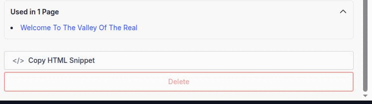 The same asset scrolled to its usage sections, with Used in expanded showing the referencing page as a link, the Copy HTML Snippet button, and the Delete button visibly disabled