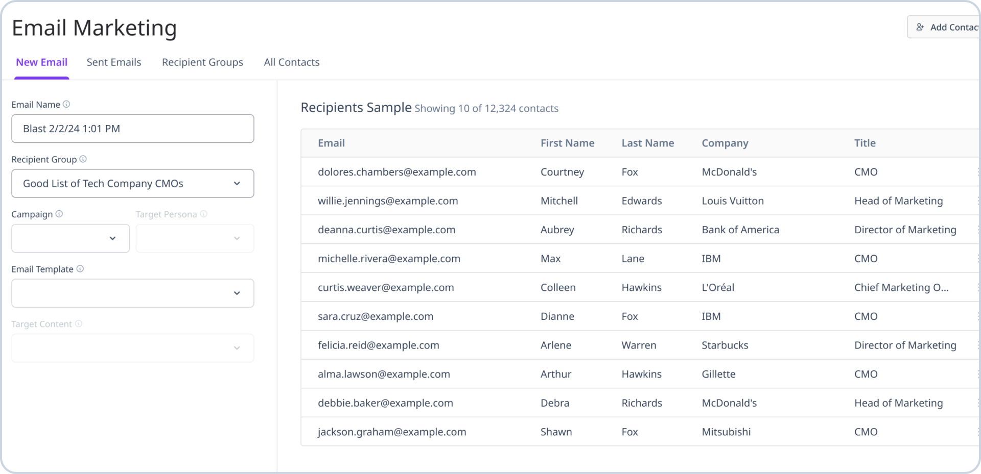 An email marketing screen displaying a list of contacts.