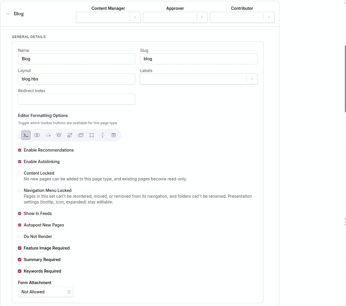 An expanded posts page type panel showing the identity fields, the five section-behavior checkboxes, both locks, the four required-field controls and the Editor Formatting Options pill row