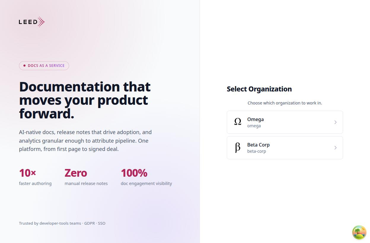 The Select Organization screen listing two workspaces