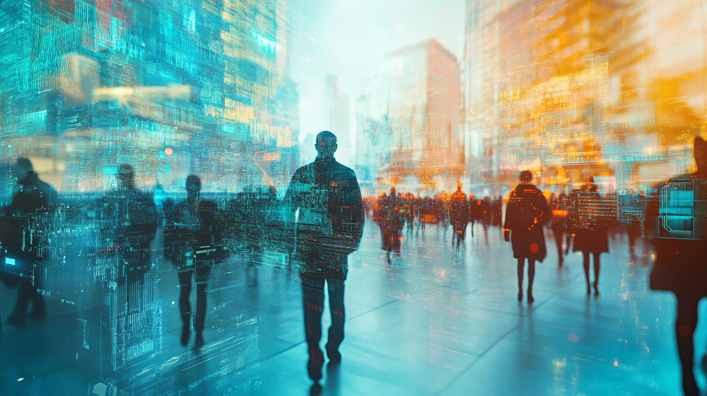 A man in a black jacket is walking in a crowded city street. The scene is captured in a blue-toned photo, giving it a unique and artistic appearance. The man is surrounded by numerous other people, all going about their daily activities. The cityscape is filled with tall buildings, creating a bustling urban atmosphere.