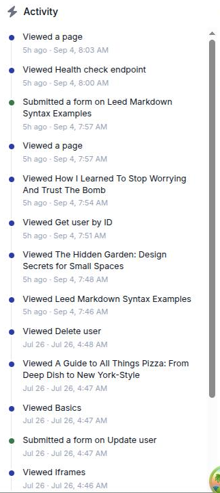 The Activity facet showing interleaved page views and a form submission, newest first, each with a relative time