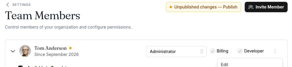 A settings screen header showing the amber unpublished-changes reminder
