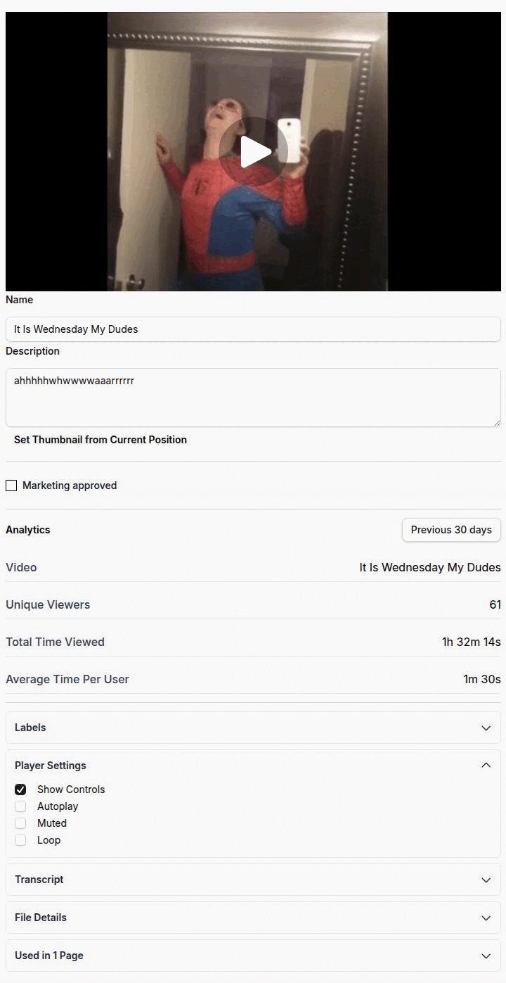 A ready video asset with the Stream player and its poster frame, the Set Thumbnail from Current Position button, the expanded Player Settings panel, and the Analytics section showing its chart