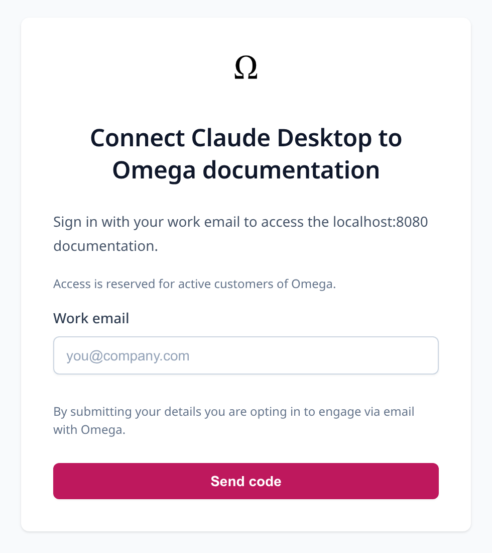 The Docs MCP email consent screen on a customer's own documentation domain, showing the company name, the email field, the opt-in disclaimer and a bot-check widget