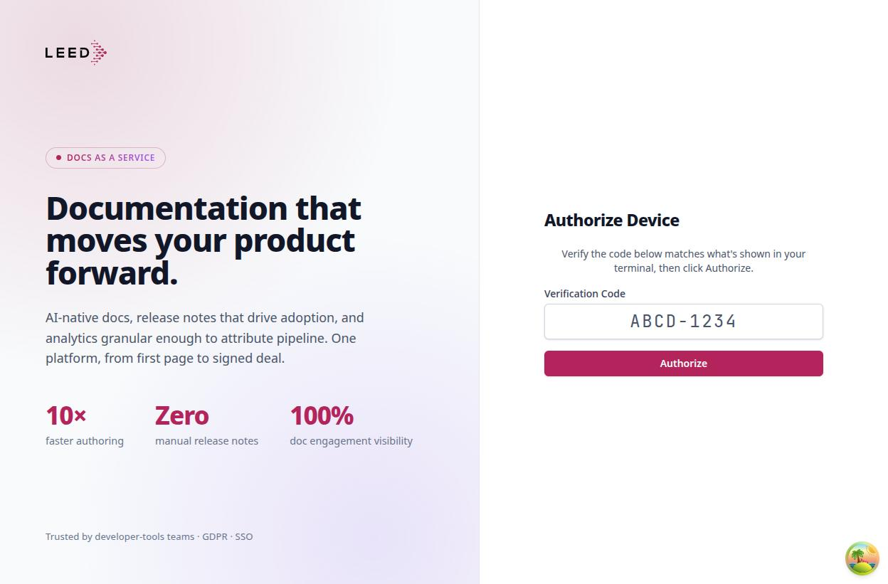 The device authorization screen, with the code from your terminal filled in and the Authorize button ready