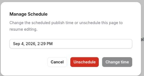 The Manage Schedule dialog showing both the Change time and Unschedule actions
