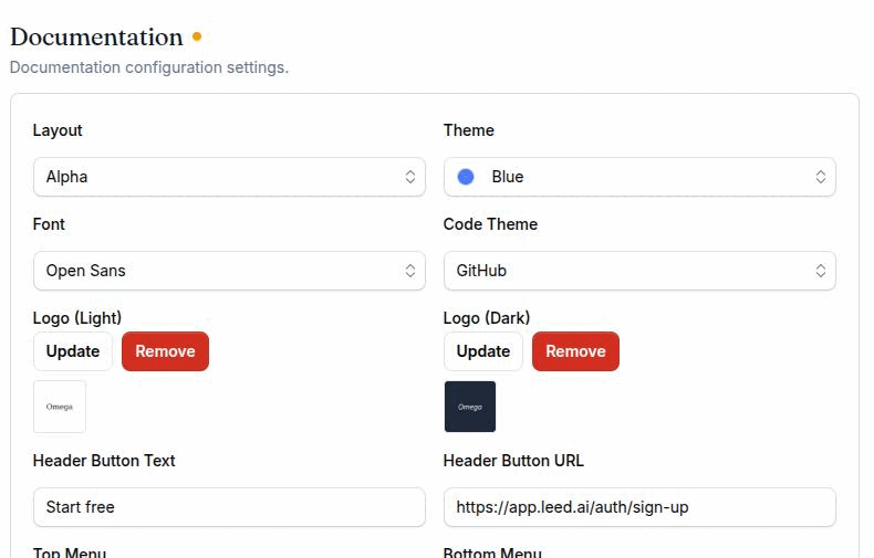 The Documentation section of Settings → General showing Layout, Theme, Font, Code Theme, Logo (Light), Logo (Dark), Header Button Text and Header Button URL, with the section's unpublished indicator visible