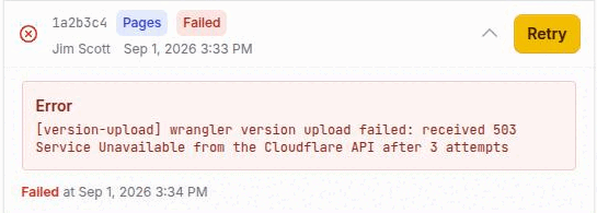 An expanded failed deployment row showing the red Error block above the status line